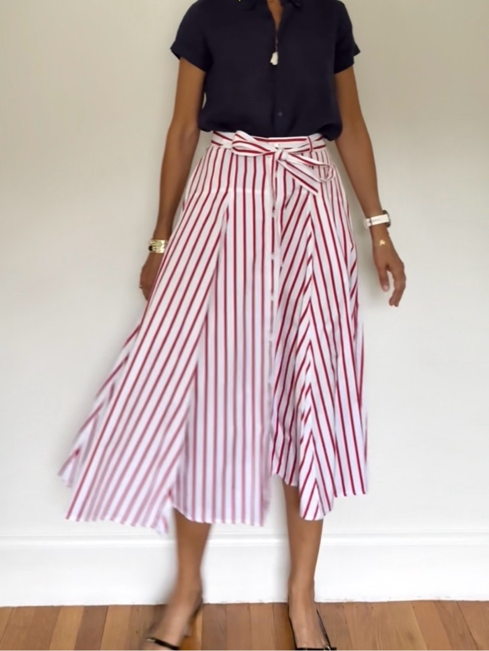 Polo by Ralph Lauren Red and White Striped Midi Skirt with Waist Tie